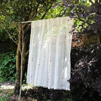 Záclona Jednoduché boho kuchyňské krátké záclony - Bílá,130 x 50 cm,Tunel