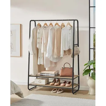 Věšák VASAGLE Kovový stojan na oděvy dvě police černý dub