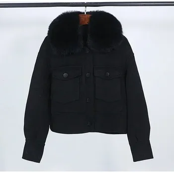Dámská parka Vlněná krátká bunda s kapsami a pravou kožešinou Barva: Černá, Velikost: S
