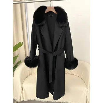Dámský kabát Luxusní vlněný dámský kabát s kožíškem z lišky Barva: Černá, Velikost: S