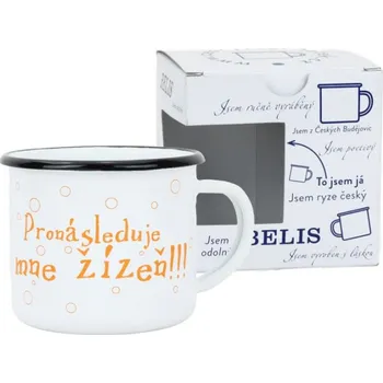 BELIS Smaltovaný hrnek ø 8 cm - 0.35 l bílý "žízeň" v krabičce - ČESKÝ PLECHÁČEK