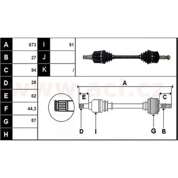 přední poloosa AVORD délka 673mm, 27 drážek u kola, 28 drážek u převodovky AUT+MAN, vč. ABS kroužku, L, repasovaný originál (+v