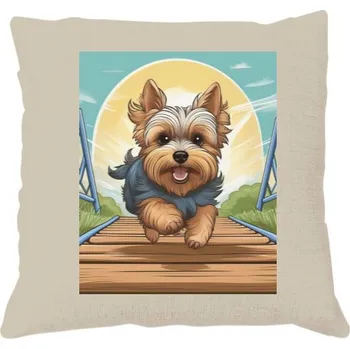 Polštář Polštář lněný vzhled s potiskem Polštář s roztomilým běžícím jorkšírkem v přírodních barvách