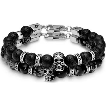 Náramek Rico náramky z lávových kamenů a obsidiánu sněhová vločka s lebkou ve stříbrné barvě - Arkai