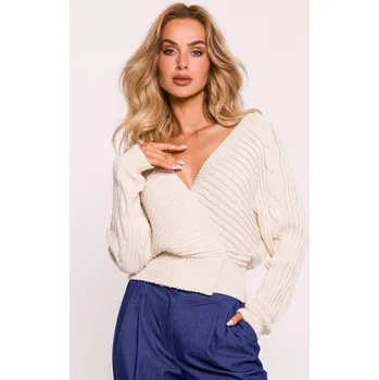 Dámský svetr M809 Oříznutý svetr s výstřihem do V - slonová kost EU UNI