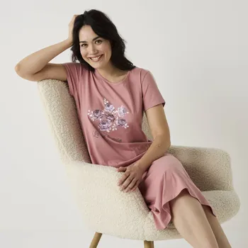 Dámská noční košile Dlouhá noční košile s krátkými rukávy růžová 52