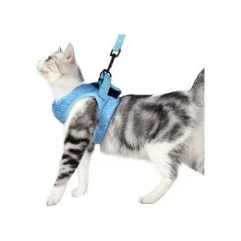 Sada postroje a vodítka pro kočky s ultralehkým obojkem pro kotě - S modré
