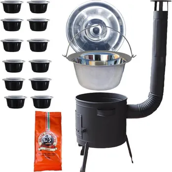 Kempingové nádobí Nerezový kotlík 22 L (0,8 mm) + nerezová pokrievka + korenie na guláš 100 g + misky 12 ks + nízka žiaruvzdorná kotlina (0,8 mm) 42 PLUS 600