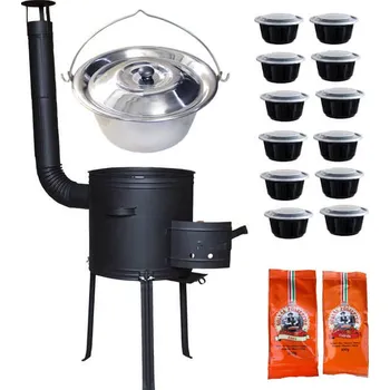 Kempingové nádobí Nerezový kotlík 22 L (0,8 mm) INOX + žáruvzdorná kotlina 42 cm Plus 700 + misky 12 ks + 2 x pepř na guláš 100 g