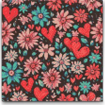 Diamantové malování Diamantové malování - Srdce a květy Velikost: 30x30cm, Rámování: Pouze srolované plátno, Diamanty: Čtvercové