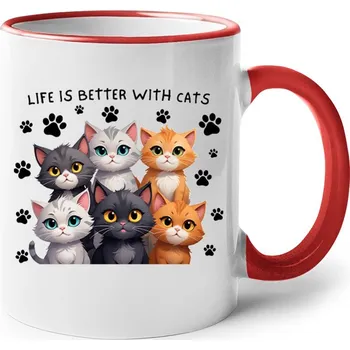 Keramický hrnek Life is better with cats, Barva Červená, Velikost 330 ml, Canvas Keramický hrnek s barevným uchem Bezvatriko.cz 2729