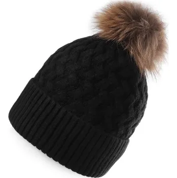 Čepice Dámská / dívčí zimní čepice s pravou kožešinovou bambulí Emi Ross - 8 černá