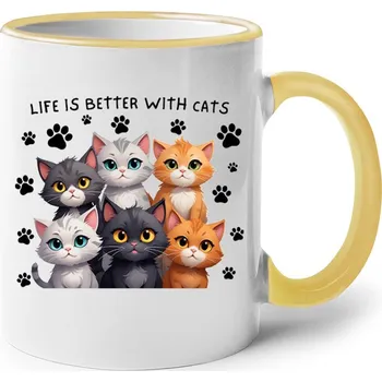Keramický hrnek Life is better with cats, Barva Žlutá, Velikost 330 ml, Canvas Keramický hrnek s barevným uchem Bezvatriko.cz 2729