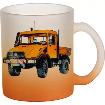Unimog U20 skleněný hrneček hrnek (hrneček s bagrem matné sklo )