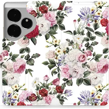 Pouzdro na mobilní telefon Flipové pouzdro Mobiwear - Realme GT 6 5G - MD01S Růže na bílé (Knížkové flip pouzdro, obal, kryt na mobil Realme GT 6 5G - MD01S Růže na bílé, materiál Umělá kůže + TPU - ochrana 360°, stojánek, silikonová vanička, magnetické zavírání)