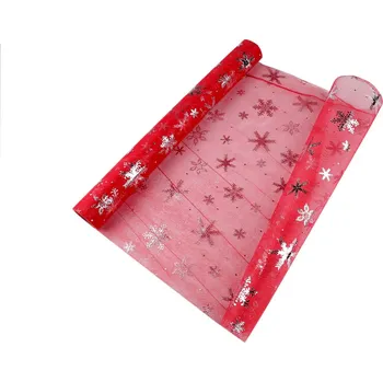 Vánoční organza s vločkami šíře 50 cm, barva 2 červená stříbrná