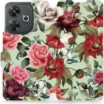Pouzdro na mobilní telefon Flipové pouzdro Mobiwear - Xiaomi Redmi 13 - MD06P Růže a květy na světle zelené (Knížkové flip pouzdro, obal, kryt na mobil Xiaomi Redmi 13 - MD06P Růže a květy na světle zelené, materiál Umělá kůže + TPU - ochrana 360°, stojánek, silikonová vanička,)