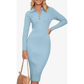 Dámské šaty Dámské svetrové šaty V Neck Ribbed světle modré S