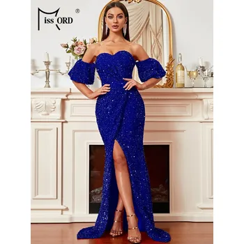 Dámské šaty Třpytivé šaty s odhalenými rameny a nafouklými rukávy Barva: Modrá, Velikost: XL