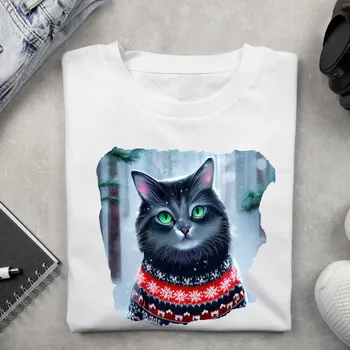 Dámské tričko - Vánoční motiv kočička Barva: Bílá, Velikost: XL