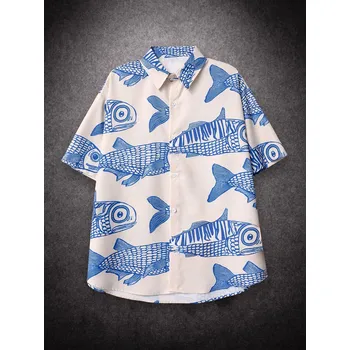 Pánská košile Pánská košile s potiskem ryb Velikost: S, Barva (Varianta): Bílá