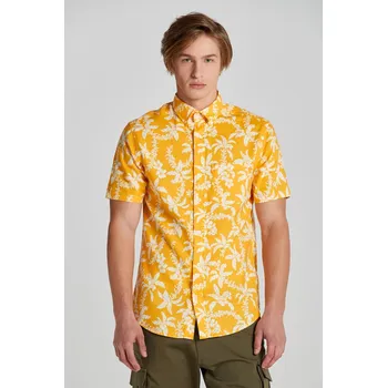 Pánská košile KOŠILE GANT REG COTTON LINEN PALM SS SHIRT MEDAL YELLOW