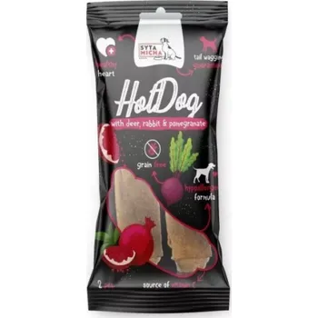 Pamlsek pro psa SYTA MICHA Žvýkací párek v rohlíku králík s granátovým jablkem v jelení kůži - psí pochoutka - 2 ks.