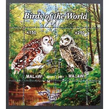 Poštovní známka Malawi, raz. aršík, ptáci, sovy, r. 2011