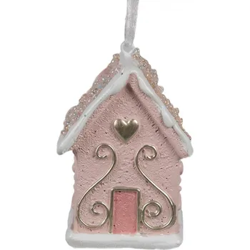 Vánoční ozdoba Růžová vánoční ozdoba perníkový domeček se stříbrným zdobením a srdíčkem – 4x4x6 cm