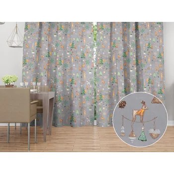 ubrus Vánoční bavlněný závěs Sandra SA-509 Vánoční skřítci a ozdoby na šedém 150x150 cm