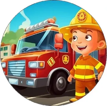 Jedlý papír na dort kulatý 19,5 cm, Hasič s autem