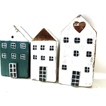 Svatební dekorace Domečky dřevěné 3 ks bílo-petrolejové- 12x18x3 cm