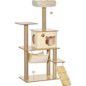 PawHut Odpočívadlo se škrabadlem s jeskyní a hamakou 130 cm béžové