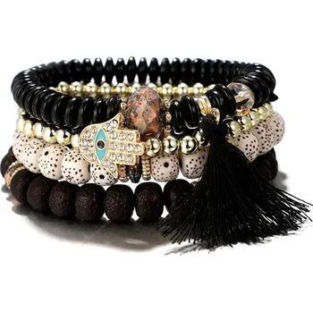 Náramek Sada 4 pružných náramků z kovu a akrylu s přívěsky a střapci, univerzální velikost, různé barvy