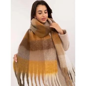 Dámská šála zimní kostkovaná hnědo-tmavě žlutá