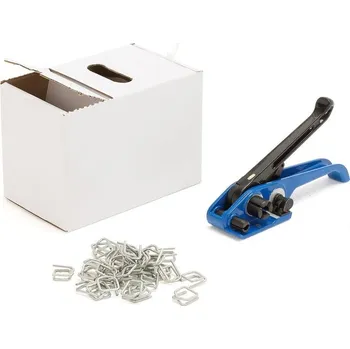 Stahovací páska Páskovací set: WG páska 13 mm/250 m, 100 kovových spon, ruční páskovač