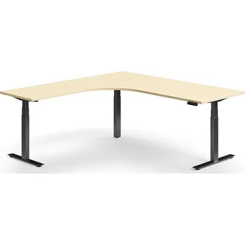 Psací stůl Výškově nastavitelný stůl QBUS, rohový, 2000x2000 mm, černá podnož, bříza