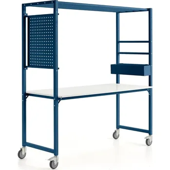Dílenský stůl Mobilní multifunkční stůl TEAMWORK, box na příslušenství, perforovaný panel, modrá/bílá