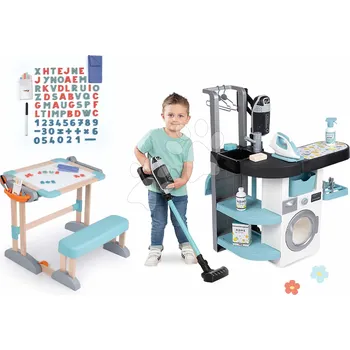 Hračka Set prádelna s pračkou s předním plněním a lavice pro psaní a kreslení Wash&Clean Laundry Smoby s elektronickým vysavačem se zvukem