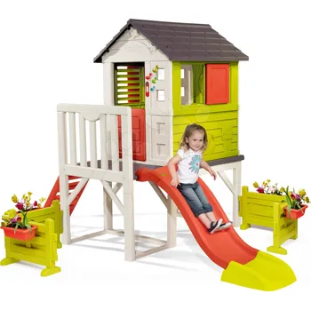 Dětský domeček Domeček na pilířích Pilings House Smoby se skluzavkou 1,5 m zvonkem a velkou zahrádkou