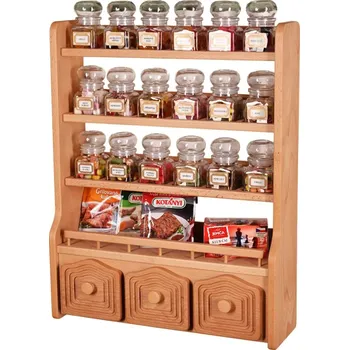 Kořenka Polička na kořenky 785 - polička s osmnácti skleněnými kořenkami a třemi šuplíky