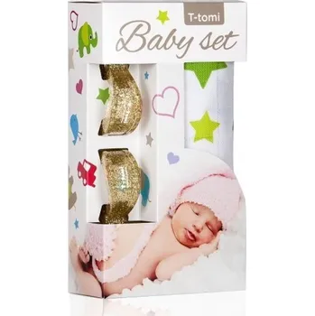 T-TOMI baby set, bambusová osuška zelené hvězdičky + kočárkový kolíček zlatá