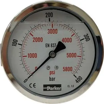 Manometr Parker pr. 100 mm, 0-400 bar, se zadním připojením - G1/2