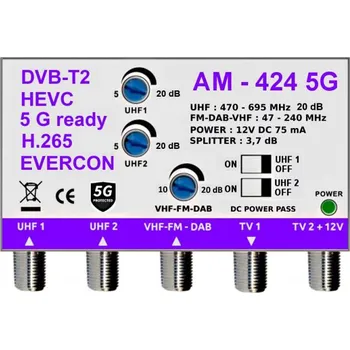 Anténní zesilovač anténní zesilovač pro DVB-T2 AM-424 5G zesílení 20dB UHF1 + UHF2 + DAB/FM/VHF 2x výstup