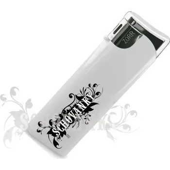 Zapalovač plastový piezo plnitelný se stříbrným lemováním a logem Schovanky