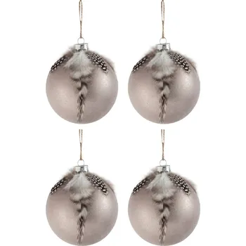 Vánoční ozdoba J-Line by Jolipa 4ks vánoční šedá antk skleněná ozdoba s peříčky - Ø 10 cm