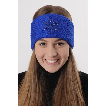 Zimní čelenka R-JET Modrá dámská zimní pletená čelenka s modrou lesklou nitkou a kamínky