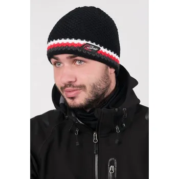 Čepice R-JET Černá pánská zimní pletená čepice s výrazným červeným proužkem