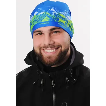 Čepice R-JET Modrá sportovní outdoorová čepice se zeleno-bílým potiskem hor - SVĚTOVÉ OSMITISÍCOVKY