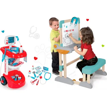 Dětská kuchyňka Set lékařský vozík Smoby s tlakoměrem a dřevěná školní lavice oboustranná s tabulí